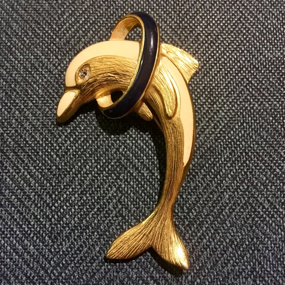 Trifari vintage gold/white dolphin brooch